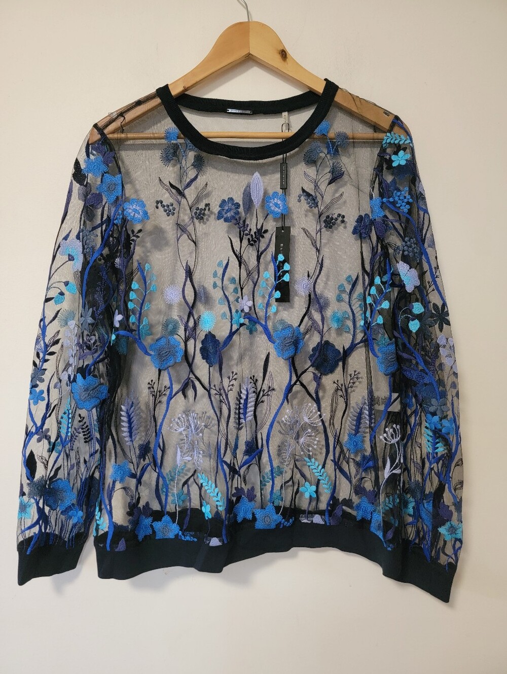 Elie Tahari Sheer Embroidered Floral Top in Blue and Black